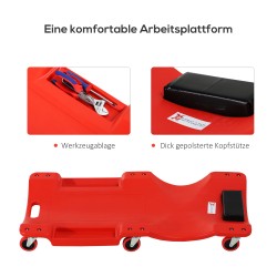 Auton huoltotaso pyörillä, niskatuella ja työkalulokeroilla, muovi, 100 x 48 x 12 cm, punainen, 120 kg