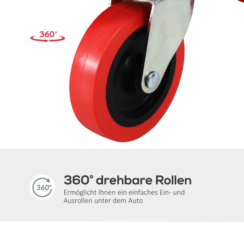 Auton huoltotaso pyörillä, niskatuella ja työkalulokeroilla, muovi, 100 x 48 x 12 cm, punainen, 120 kg