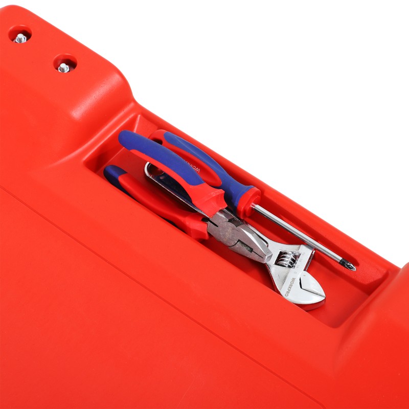 Auton huoltotaso pyörillä, niskatuella ja työkalulokeroilla, muovi, 100 x 48 x 12 cm, punainen, 120 kg