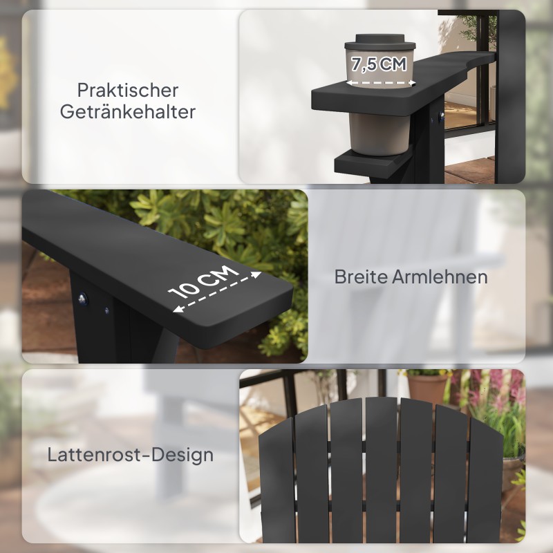 Adirondack puutarhatuoli mukitelineellä, tannenpuu, 72 x 95 x 93 cm, musta