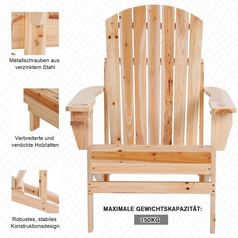 Adirondack-puutarhatuoli mukitelineellä, massiivipuuta, ulkokäyttöön, luonnonvärinen, 72,5 x 97 x 93 cm