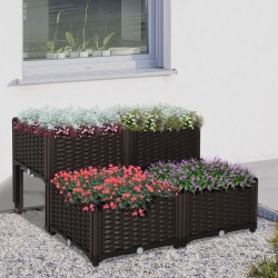 Korkea istutuslaatikko 4 kpl, rattan-tyyli, HDPE-muovi, vedenpoistoaukot, 40 x 40 x 44 cm, ruskea
