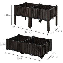 Korkea istutuslaatikko 4 kpl, rattan-tyyli, HDPE-muovi, vedenpoistoaukot, 40 x 40 x 44 cm, ruskea