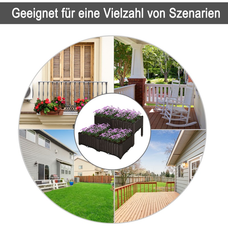 Korkea istutuslaatikko 4 kpl, rattan-tyyli, HDPE-muovi, vedenpoistoaukot, 40 x 40 x 44 cm, ruskea