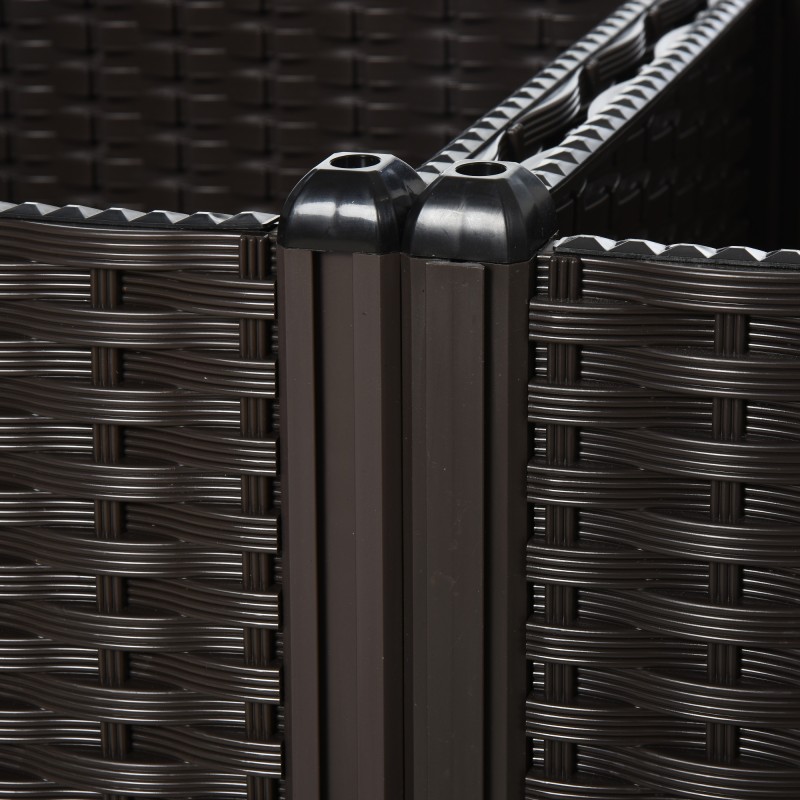 Korkea istutuslaatikko 4 kpl, rattan-tyyli, HDPE-muovi, vedenpoistoaukot, 40 x 40 x 44 cm, ruskea