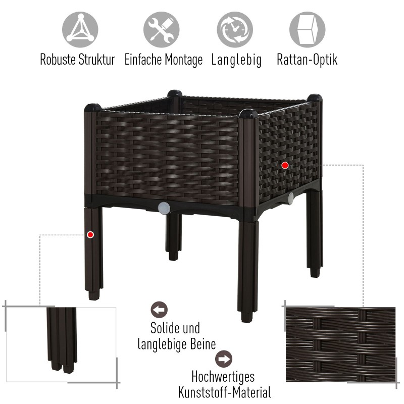 Korotettu istutuslaatikko ulkokäyttöön, muovi rottinkijäljitelmä, 40 x 40 x 44 cm, 2 kpl, tummanruskea