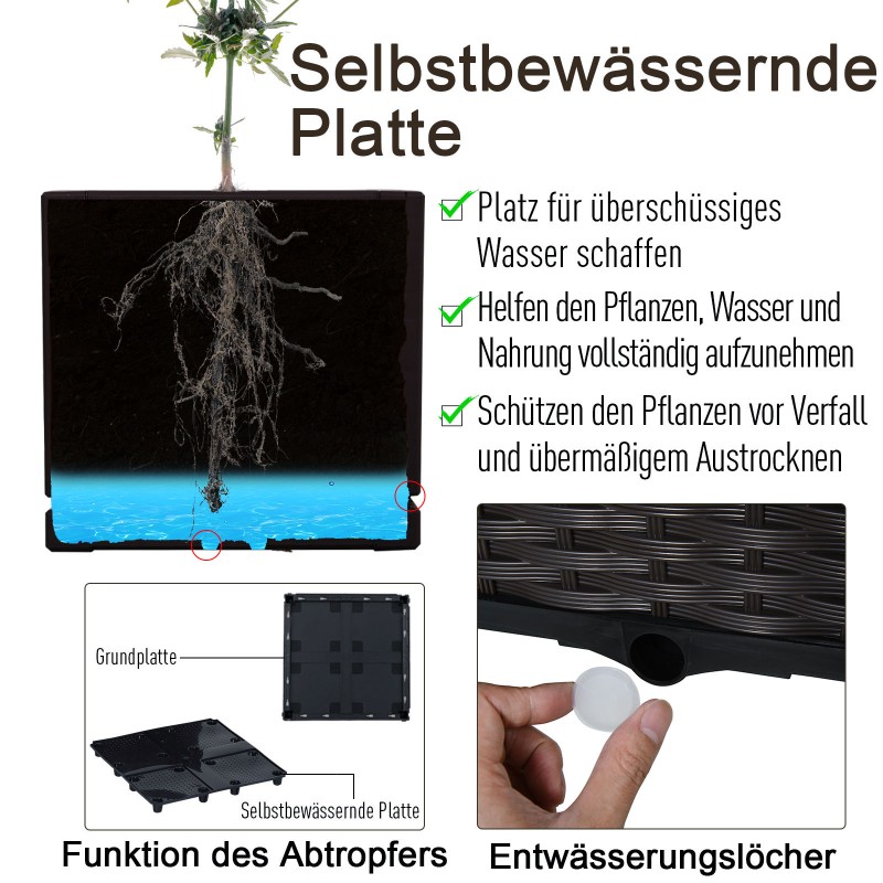 Korotettu istutuslaatikko ulkokäyttöön, muovi rottinkijäljitelmä, 40 x 40 x 44 cm, 2 kpl, tummanruskea