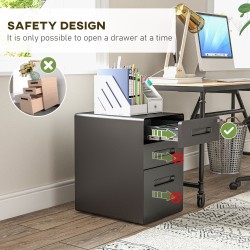 Laatikosto pyörillä ja lukolla, teräs, 3 laatikkoa, hängerekisteri, 39x48x59 cm, musta