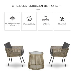 3-osainen polyrottinki oleskeluryhmä ulos, 2 tuolia ja pöytä, tyynyt, harmaa/khaki