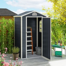 Pihavarasto puutarhaan, muovi ja alumiini, 134 x 104 x 204 cm, lukittava ovi, tummanharmaa