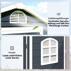 Pihavarasto puutarhaan, muovi ja alumiini, 134 x 104 x 204 cm, lukittava ovi, tummanharmaa