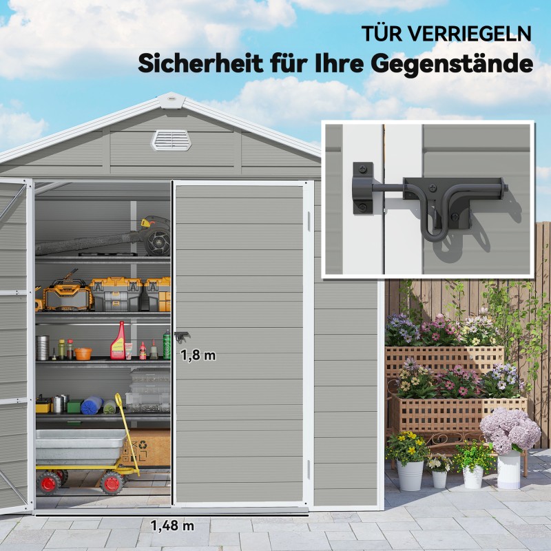 Pihavarasto puutarhaan, kierrätetty polypropeeni, satulakatto, 4,1 m², 240 x 190 x 228 cm, vaaleanharmaa