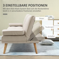 3-istuttava vuodesohva klik-klak-mekanismilla, pöytätasolla ja pellavapintaisella verhoilulla, 181 cm, beige