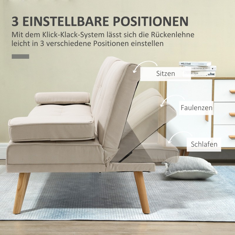 3-istuttava vuodesohva klik-klak-mekanismilla, pöytätasolla ja pellavapintaisella verhoilulla, 181 cm, beige