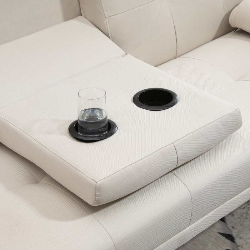 3-istuttava vuodesohva klik-klak-mekanismilla, pöytätasolla ja pellavapintaisella verhoilulla, 181 cm, beige