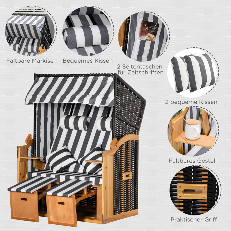 Kahden hengen rantatuoli katoksella ja jalkatuilla, puu ja PE-rottinki, harmaa/valkoinen