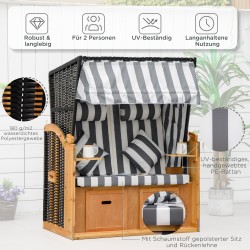 Kahden hengen rantatuoli katoksella ja jalkatuilla, puu ja PE-rottinki, harmaa/valkoinen