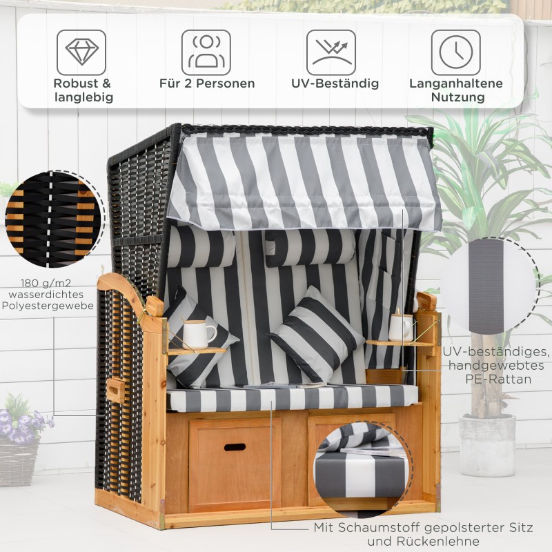 Kahden hengen rantatuoli katoksella ja jalkatuilla, puu ja PE-rottinki, harmaa/valkoinen