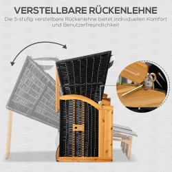 Kahden hengen rantatuoli katoksella ja jalkatuilla, puu ja PE-rottinki, harmaa/valkoinen