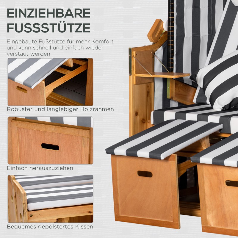 Kahden hengen rantatuoli katoksella ja jalkatuilla, puu ja PE-rottinki, harmaa/valkoinen