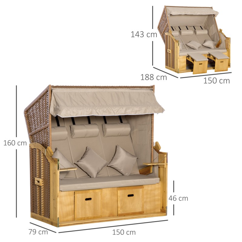 3 hengen aurinkolepotuoli katoksella, PE-rottinki, säädettävä selkänoja, 150 x 79 x 160 cm, luonnonväri