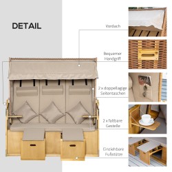 3 hengen aurinkolepotuoli katoksella, PE-rottinki, säädettävä selkänoja, 150 x 79 x 160 cm, luonnonväri