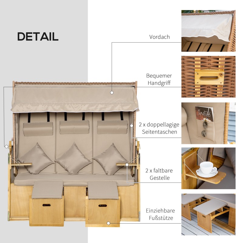 3 hengen aurinkolepotuoli katoksella, PE-rottinki, säädettävä selkänoja, 150 x 79 x 160 cm, luonnonväri