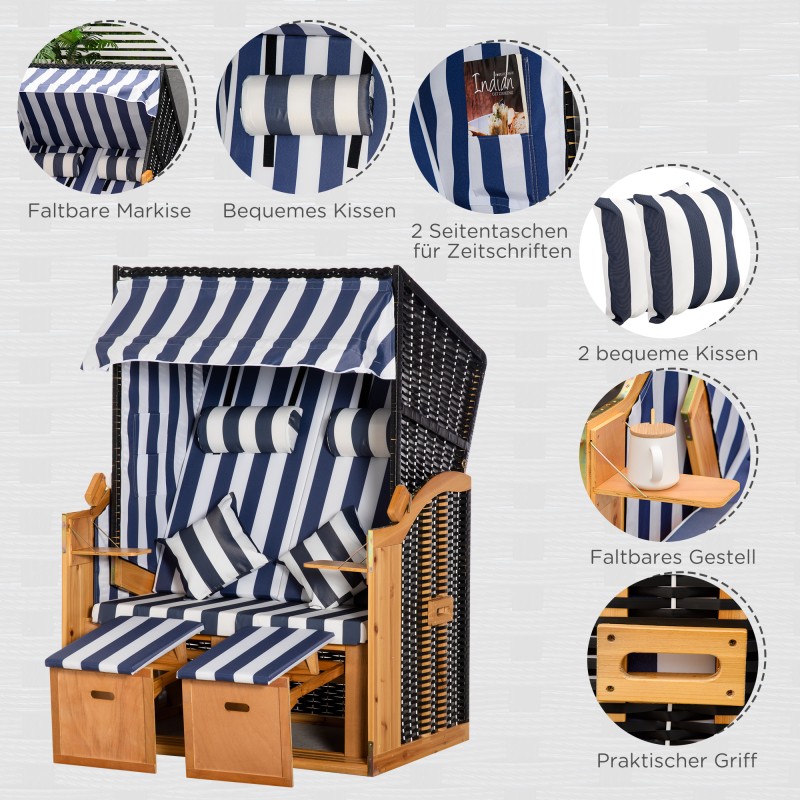 Rantatuoli kahdelle aurinkokatoksella ja taittopöydillä, puu/PE-rottinki, sinivalkoinen