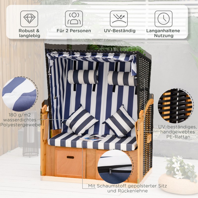 Rantatuoli kahdelle aurinkokatoksella ja taittopöydillä, puu/PE-rottinki, sinivalkoinen