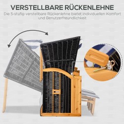 Rantatuoli kahdelle aurinkokatoksella ja taittopöydillä, puu/PE-rottinki, sinivalkoinen