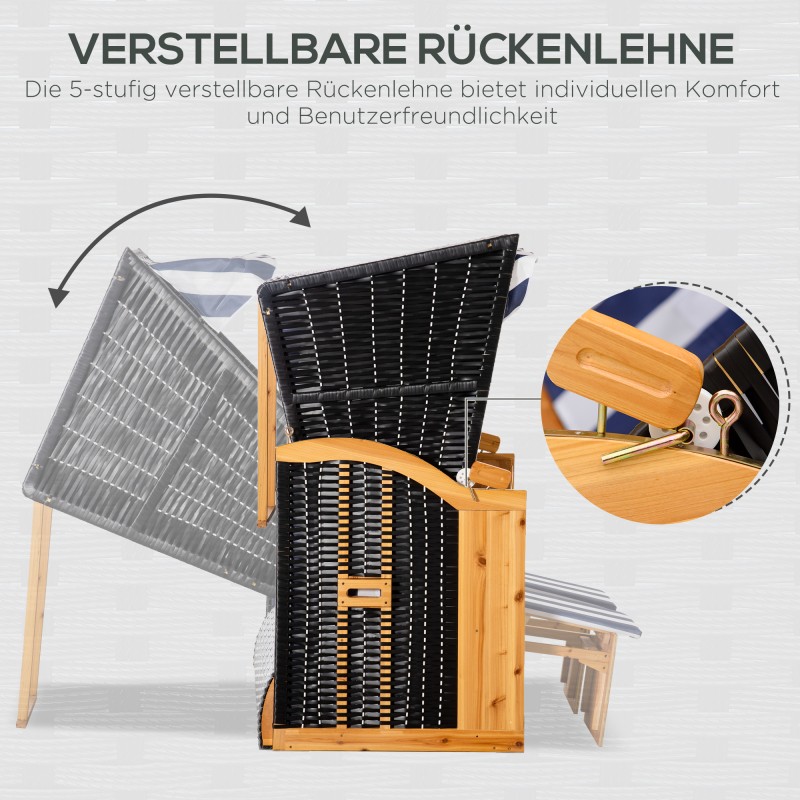 Rantatuoli kahdelle aurinkokatoksella ja taittopöydillä, puu/PE-rottinki, sinivalkoinen