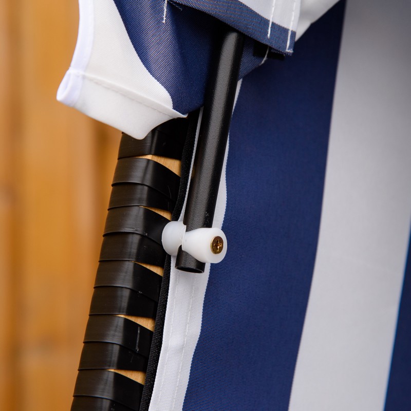 Rantatuoli kahdelle aurinkokatoksella ja taittopöydillä, puu/PE-rottinki, sinivalkoinen