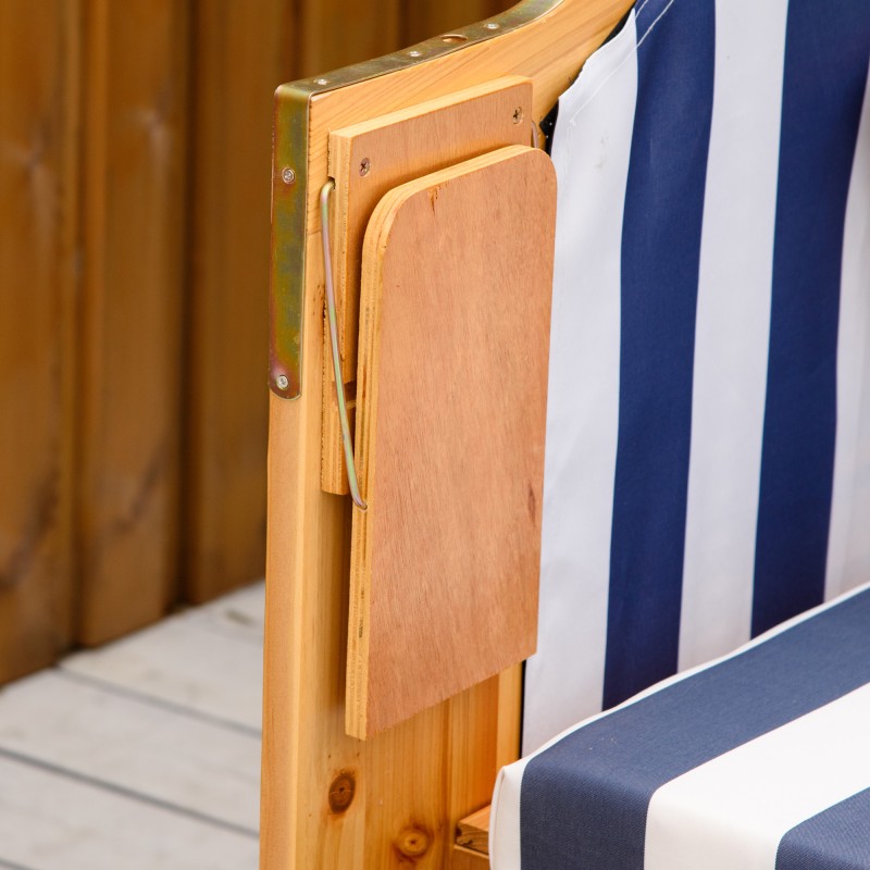 Rantatuoli kahdelle aurinkokatoksella ja taittopöydillä, puu/PE-rottinki, sinivalkoinen