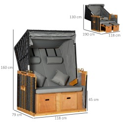 Puutarhan rantatuoli kahdelle, säädettävä selkänoja ja jalkatuet, säänkestävä polyrottinki, vaaleanharmaa