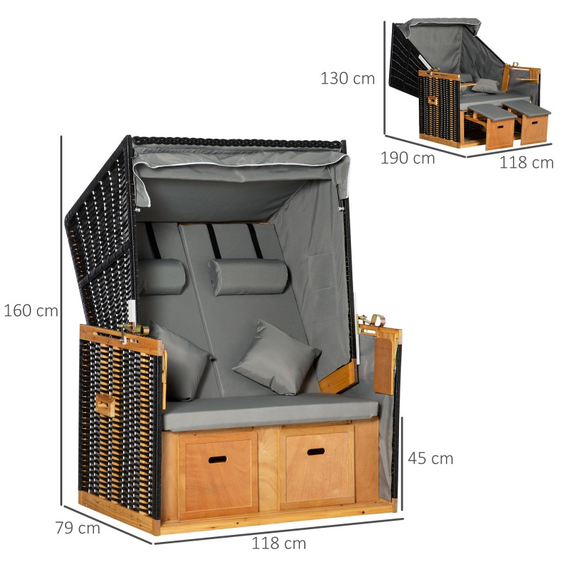 Puutarhan rantatuoli kahdelle, säädettävä selkänoja ja jalkatuet, säänkestävä polyrottinki, vaaleanharmaa