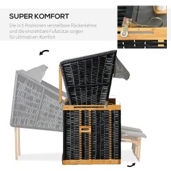 Puutarhan rantatuoli kahdelle, säädettävä selkänoja ja jalkatuet, säänkestävä polyrottinki, vaaleanharmaa