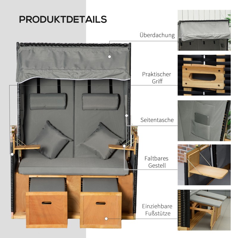 Puutarhan rantatuoli kahdelle, säädettävä selkänoja ja jalkatuet, säänkestävä polyrottinki, vaaleanharmaa