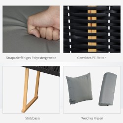 Puutarhan rantatuoli kahdelle, säädettävä selkänoja ja jalkatuet, säänkestävä polyrottinki, vaaleanharmaa