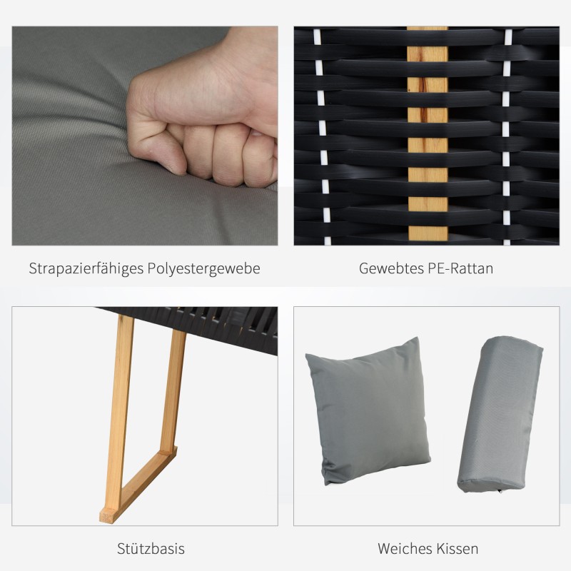 Puutarhan rantatuoli kahdelle, säädettävä selkänoja ja jalkatuet, säänkestävä polyrottinki, vaaleanharmaa