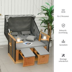 Puutarhan rantatuoli kahdelle, säädettävä selkänoja ja jalkatuet, säänkestävä polyrottinki, vaaleanharmaa