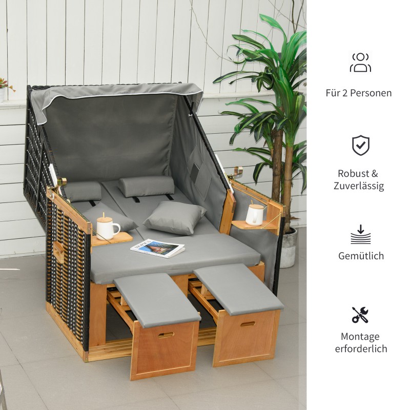 Puutarhan rantatuoli kahdelle, säädettävä selkänoja ja jalkatuet, säänkestävä polyrottinki, vaaleanharmaa