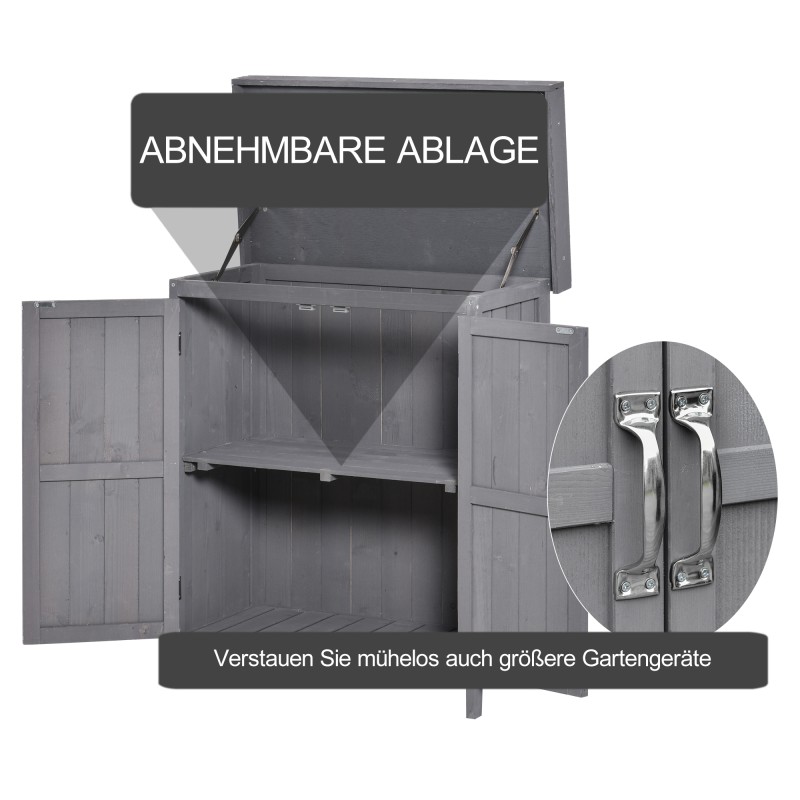 Ulkosäilytyskaappi puutarhaan, kuusi, 2 hyllyä, kaksiosainen ovi ja klappikansi, 74 x 43 x 88 cm, harmaa