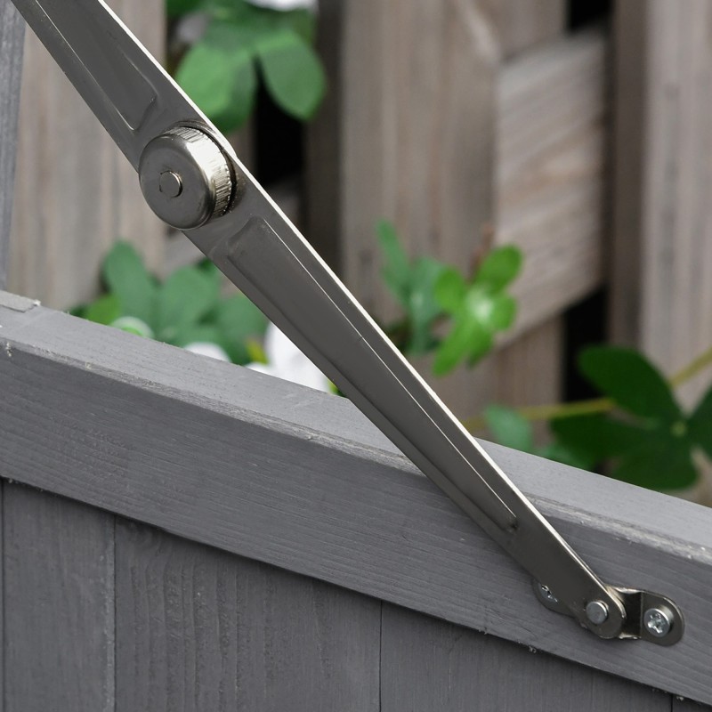 Ulkosäilytyskaappi puutarhaan, kuusi, 2 hyllyä, kaksiosainen ovi ja klappikansi, 74 x 43 x 88 cm, harmaa