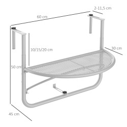 Parvekkeen ripustettava puolipyöreä metallipöytä 60 x 45 x 50 cm valkoinen