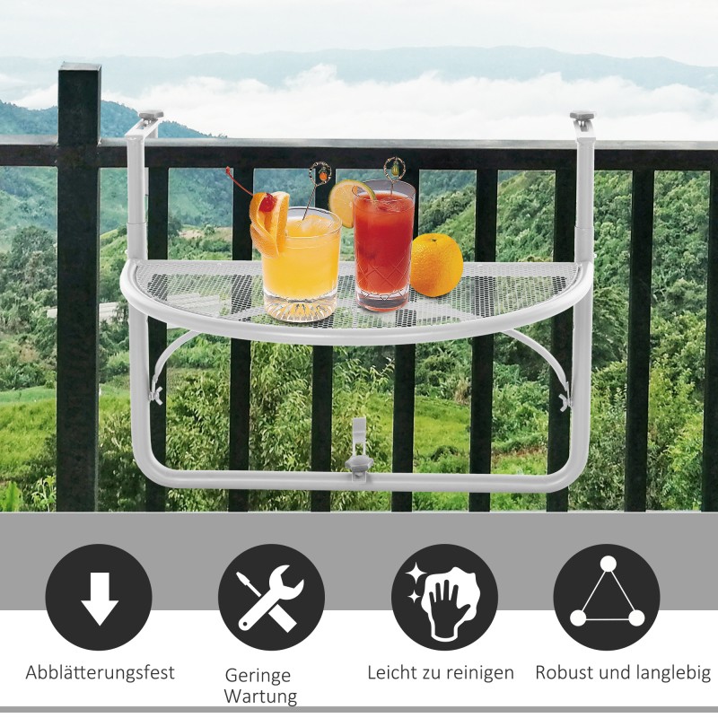 Parvekkeen ripustettava puolipyöreä metallipöytä 60 x 45 x 50 cm valkoinen