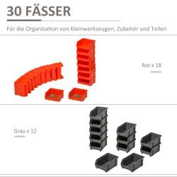 Seinälle asennettava säilytysjärjestelmä pienosille, 30 laatikkoa, 2 taustalevyä, 37,5 x 18 x 63 cm, punainen/harmaa/musta