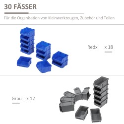 Seinälle asennettava säilytysjärjestelmä pienosille, 30 laatikkoa, muovi, 63 x 18 x 37,5 cm, sininen