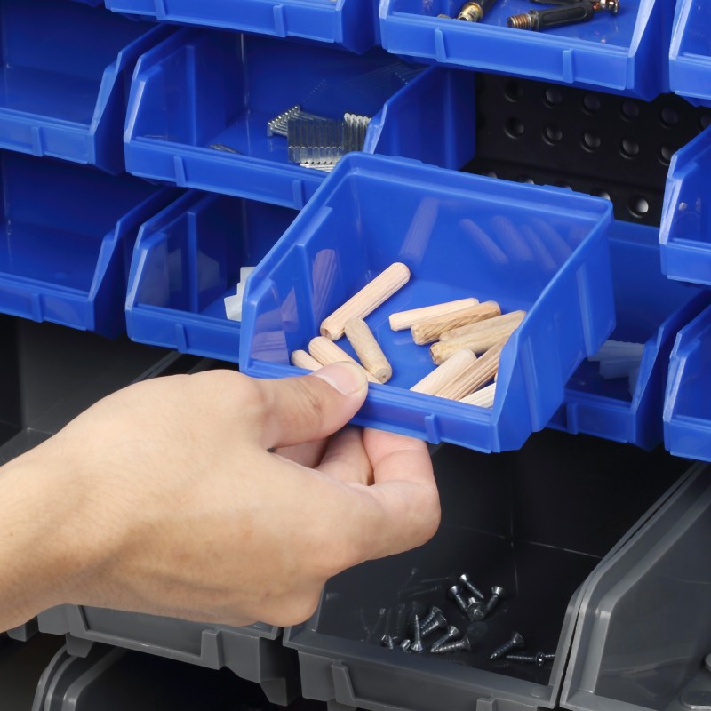 Seinälle asennettava säilytysjärjestelmä pienosille, 30 laatikkoa, muovi, 63 x 18 x 37,5 cm, sininen