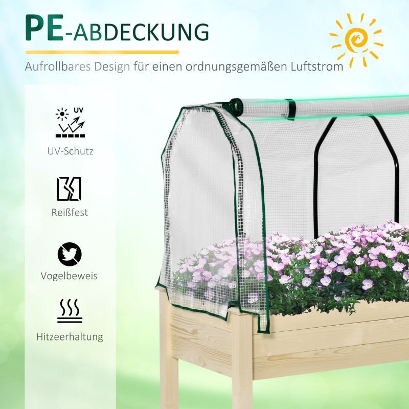 Korotettu kasvatuslaatikko suojakatteella, täyspuu ja teräs, 121 x 55 x 117 cm, luonnonpuu