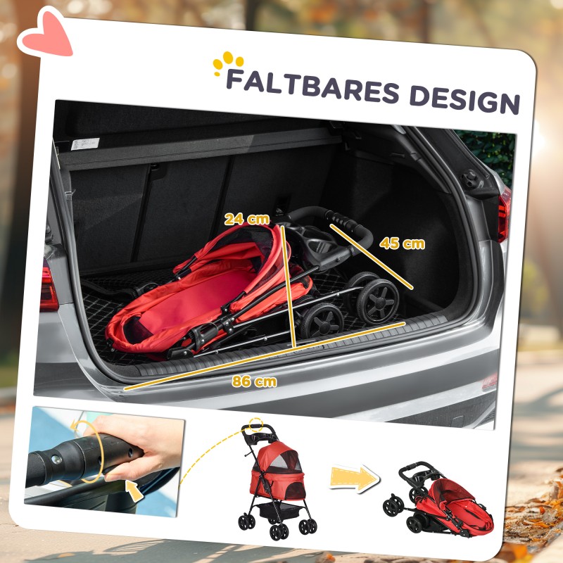 Koiranrattaat pienille koirille teräsrungolla 67 x 45 x 96 cm, enint. 4 kg, punainen